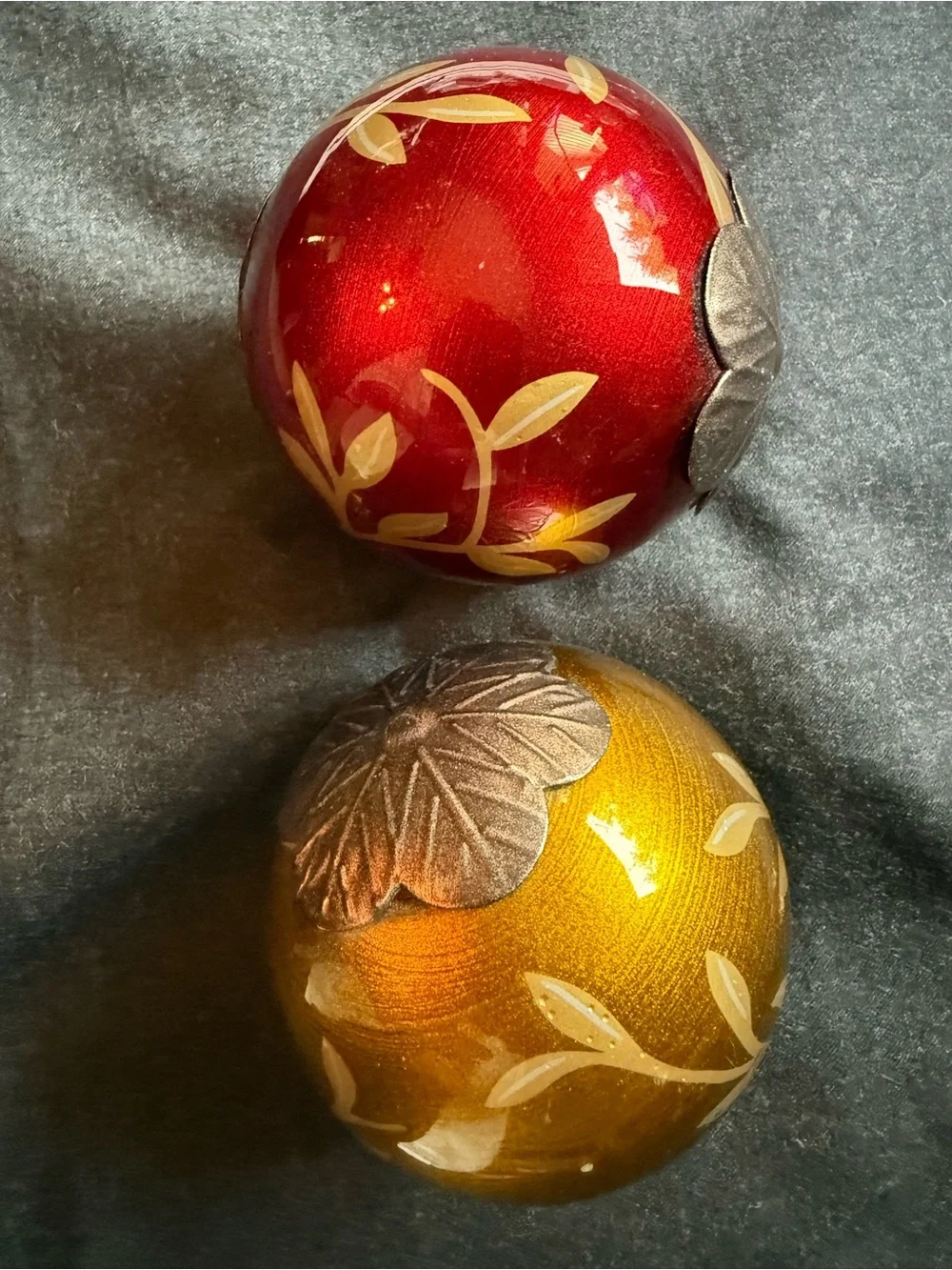 Two Glass Spheres Red and Gold Decorative Orbs